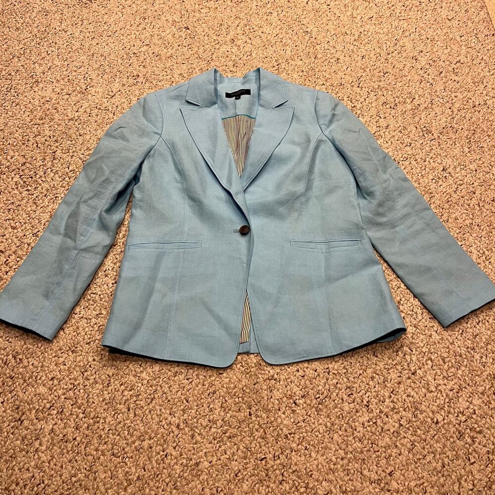 Talbots Linen Blazer Jacket 10 Petite Blue Preppy Classic Casual Coastal
